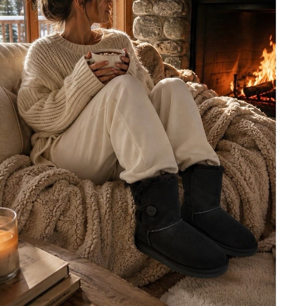 UGG Bailey Button Black Sheepskin Shearling Boots Women’s Size 5 Classic Short